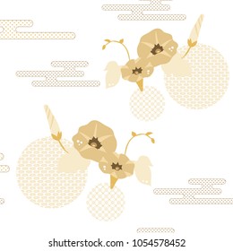 Floral pattern vector. Gold Japanese background. Morning glory flower, wave and cloud elements.