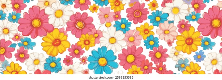 Floral Pattern Vector Illustration, Colorful Flowers on White Background.