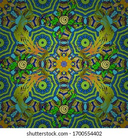 Floral pattern. Vector illustration. Flowers on green, yellow and blue colors. Flower seamless on green, yellow and blue colors. Flourish ornamental spring garden texture.