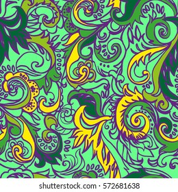 Floral pattern vector leaves seamless print. Allover curves leafs background. Colorful hand drawn illustration graphic.
