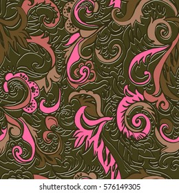 Floral pattern vector leaves seamless print. Allover curves leafs background. Colorful hand drawn illustration graphic.