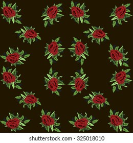 Floral Pattern in vector. Red roses with green leaves on a black background. For packaging, textiles, clothes, t-shirts and other