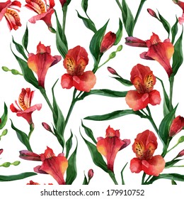 Floral pattern. Vector seamless background. Red alstroemeria