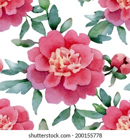 Floral pattern. Vector seamless background. Pink peonies