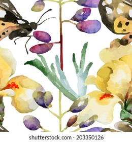 Floral pattern. Vector seamless background. Violet lupines, irises and butterflies