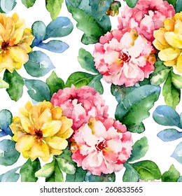 Floral pattern. Vector seamless background. Yellow and pink dahlias