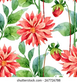Floral pattern. Vector seamless background. Red dahlias