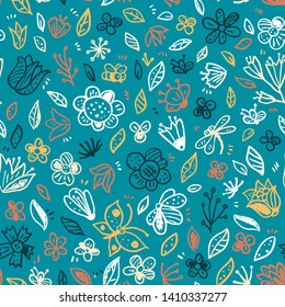 Floral pattern. Vector floral seamless pattern in doodle style on a dark background. Useful for textile print, page fill, wrapping paper, web design