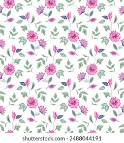 Floral pattern. Vector seamless illustration. Retro style. Background with pink flowers and green leaves. 