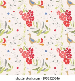 floral pattern. Vector seamless ornament with willow-herb flowers, fireweed and birds in ethnic style