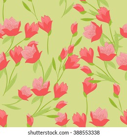 Floral Pattern Vector. Seamless Print Design. Red Tulips on green Background.
