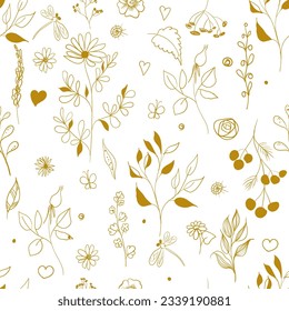 Floral pattern vector. Seamless pattern. Set of hand drawn vector decorative golden color elements for your design. Leaves, swirls, floral elements, dragonflies, butterflies. Nature design elements