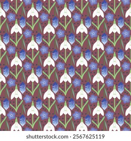 Floral pattern vector snowdrop, galanthus, periwinkle, muscari, forget-me-not