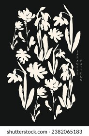 Floral pattern vector tropical bicolor faces flower leaves miniprint animal geometric. Black and white background. Brush stroke natural element