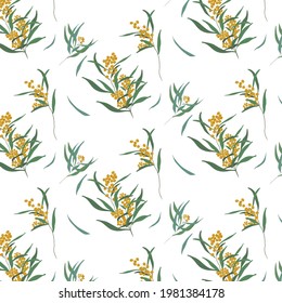 Blumenmuster. Vektorgrafik. Gelbe Blumen mit grünen Blättern. Auf weißem Hintergrund. Hintergrund für Geschenkpapier. Textil
 für Abstraktion . Banner .Tapete im Schlafzimmer. Vorhänge für das Schlafzimmer. 