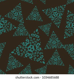 Floral pattern: vibrant geometrical design element features interlocking triangles adorned with intricate flowery motifs, creating dynamic visual rhythm with scattered shapes oriented upward and downward. Rich teal coloration contrasts against deep dark brown background, drawing viewer's gaze toward ornate arrangement. Each shape showcases blossoming botanical details and abstract forms, providing textural complexity through filigree ornamentation that mimics embroidery. Balanced composition distributes elements harmoniously, ensuring no single component overwhelms others in this seamless decorative swatch. Modern aesthetic blends natural greenery with contemporary geometry, suitable for various applications including interior design, wallpapers, and fashion styling. Lively yet sophisticated mood appeals to design-conscious audiences seeking unique visuals for projects requiring stylish patterning.