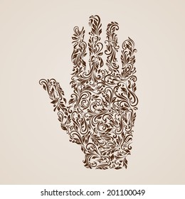 Floral pattern of vines in the shape of a hand on the beige background
