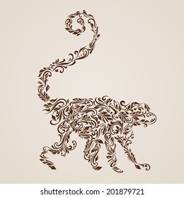 Floral pattern of vines in the shape of a monkey on a beige background