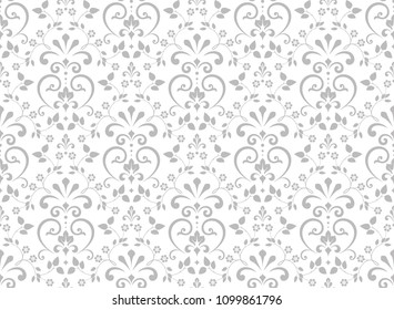 Floral pattern. Vintage wallpaper in the Baroque style. Seamless vector background. White and grey ornament for fabric, wallpaper, packaging. Ornate Damask flower ornament.