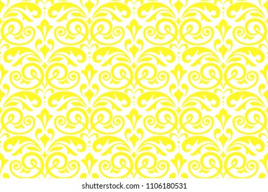 Floral pattern. Vintage wallpaper in the Baroque style. Seamless vector background. White and yellow ornament for fabric, wallpaper, packaging. Ornate Damask flower ornament