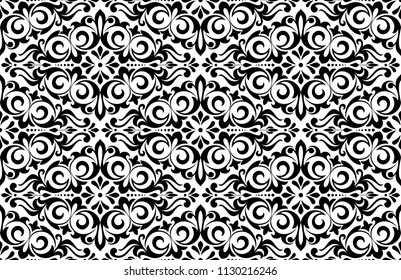 Floral Pattern. Vintage Wallpaper In The Baroque Style. Seamless Vector Background. White And Black Ornament For Fabric, Wallpaper, Packaging. Ornate Damask Flower Ornament