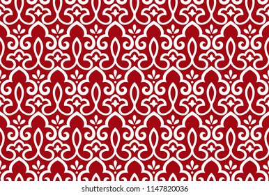 Floral pattern. Vintage wallpaper in the Baroque style. Seamless vector background. White and red ornament for fabric, wallpaper, packaging. Ornate Damask flower ornament