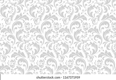 Blumenmuster. Vintage Tapete im Barockstil. Nahtloser Vektorhintergrund. Weiße und graue Ornamente für Stoff, Tapete, Verpackung. Blütendekoration der Damast.