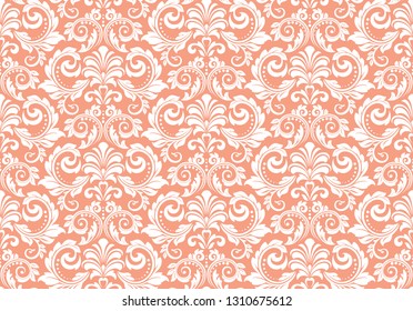 Floral pattern. Vintage wallpaper in the Baroque style. Seamless vector background. White and pink ornament for fabric, wallpaper, packaging. Ornate Damask flower ornament