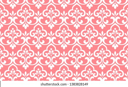 Floral pattern. Vintage wallpaper in the Baroque style. Seamless vector background. White and pink ornament for fabric, wallpaper, packaging. Ornate Damask flower ornament