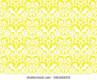 Floral pattern. Vintage wallpaper in the Baroque style. Seamless vector background. White and yellow ornament for fabric, wallpaper, packaging. Ornate Damask flower ornament