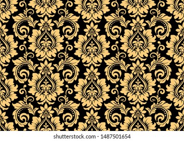 Floral pattern. Vintage wallpaper in the Baroque style. Seamless vector background. Gold and black ornament for fabric, wallpaper, packaging. Ornate Damask flower ornament