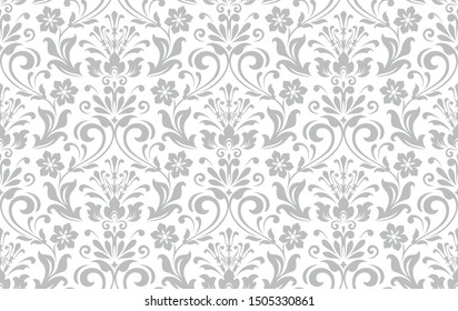 Floral pattern. Vintage wallpaper in the Baroque style. Seamless vector background. White and grey ornament for fabric, wallpaper, packaging. Ornate Damask flower ornament.