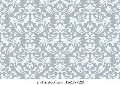 Floral pattern. Vintage wallpaper in the Baroque style. Seamless vector background. White and blue ornament for fabric, wallpaper, packaging. Ornate Damask flower ornament