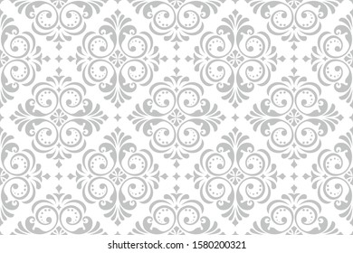 Floral Pattern. Vintage Wallpaper In The Baroque Style. Seamless Vector Background. White And Grey Ornament For Fabric, Wallpaper, Packaging. Ornate Damask Flower Ornament.
