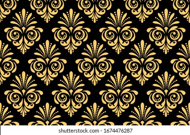 Floral pattern. Vintage wallpaper in the Baroque style. Seamless vector background. Black and gold ornament for fabric, wallpaper, packaging. Ornate Damask flower ornament