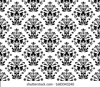 Floral Pattern. Vintage Wallpaper In The Baroque Style. Seamless Vector Background. White And Black Ornament For Fabric, Wallpaper, Packaging. Ornate Damask Flower Ornament