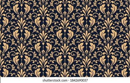 Floral pattern. Vintage wallpaper in the Baroque style. Seamless vector background. Gold and dark blue ornament for fabric, wallpaper, packaging. Ornate Damask flower ornament