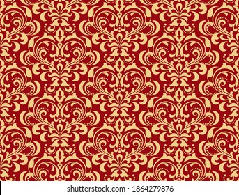 Floral pattern. Vintage wallpaper in the Baroque style. Seamless vector background. Gold and red ornament for fabric, wallpaper, packaging. Ornate Damask flower ornament