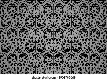 Floral pattern. Vintage wallpaper in the Baroque style. Seamless vector background. Black and gray ornament for fabric, wallpaper, packaging. Ornate Damask flower ornament