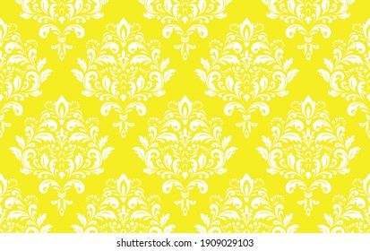 Floral pattern. Vintage wallpaper in the Baroque style. Seamless vector background. White and yellow ornament for fabric, wallpaper, packaging. Ornate Damask flower ornament