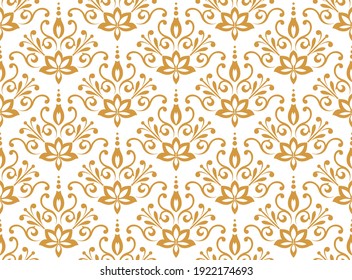 Patrón floral. Papel pintado de estilo barroco. Fondo vectorial impecable. Ornamento blanco y dorado para tela, papel pintado, embalaje. Ornate Damask