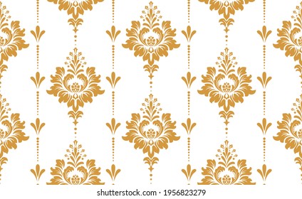 Floral pattern. Vintage wallpaper in the Baroque style. Seamless vector background. White and gold ornament for fabric, wallpaper, packaging. Ornate Damask flower ornament