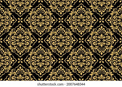 Floral pattern. Vintage wallpaper in the Baroque style. Seamless vector background. Gold and black ornament for fabric, wallpaper, packaging. Ornate Damask flower ornament