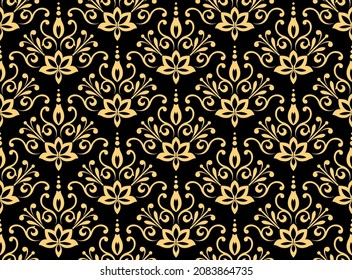 Floral pattern. Vintage wallpaper in the Baroque style. Seamless vector background. Black and gold ornament for fabric, wallpaper, packaging. Ornate Damask flower ornament