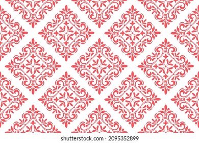Floral pattern. Vintage wallpaper in the Baroque style. Seamless vector background. White and pink ornament for fabric, wallpaper, packaging. Ornate Damask flower ornament