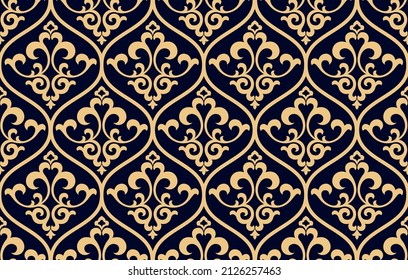 Floral Pattern. Vintage Wallpaper In The Baroque Style. Seamless Vector Background. Gold And Dark Blue Ornament For Fabric, Wallpaper, Packaging. Ornate Damask Flower Ornament