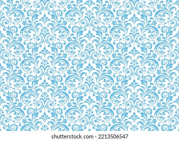 Floral pattern. Vintage wallpaper in the Baroque style. Seamless vector background. White and blue ornament for fabric, wallpaper, packaging. Ornate Damask flower ornament