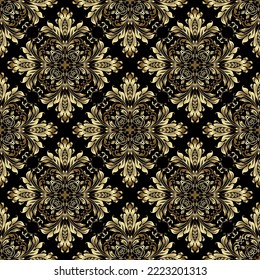 Patrón floral. Papel pintado de estilo barroco. Fondo vectorial impecable. Ornamento dorado y negro para tela, papel pintado, embalaje. Ornate Damask