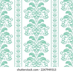 Patrón floral. Papel pintado de estilo barroco. Fondo vectorial impecable. Ornamento blanco y verde para tela, papel pintado, embalaje. Ornate Damask