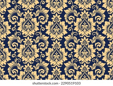 Patrón floral. Papel pintado de estilo barroco. Fondo vectorial impecable. Ornamento dorado y azul oscuro para tela, papel pintado, embalaje. Ornate Damask